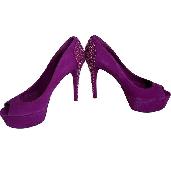 Brian Atwood Purple Suede Peep-Toe Platform Heels Rhinestone Stiletto Size 8 - Picture 1 of 8